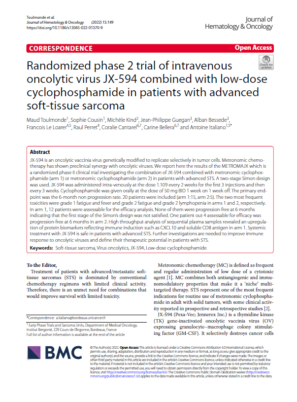 Randomized phase 2 trial of intravenous oncolytic virus JX-594 () in patients with advanced soft-tissue sarcoma