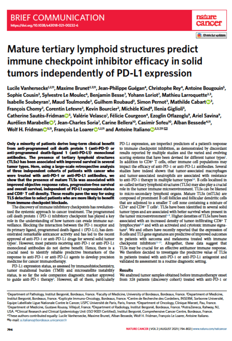 Mature tertiary lymphoid structures predict immune checkpoint inhibitor efficacy in solid tumors independently of PD-L1 