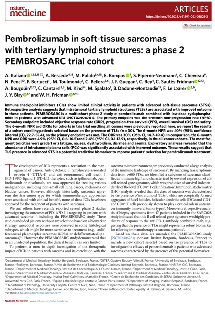Pembrolizumab in soft-tissue sarcomas  with tertiary lymphoid structures: a phase 2  PEMBROSARC trial cohort
