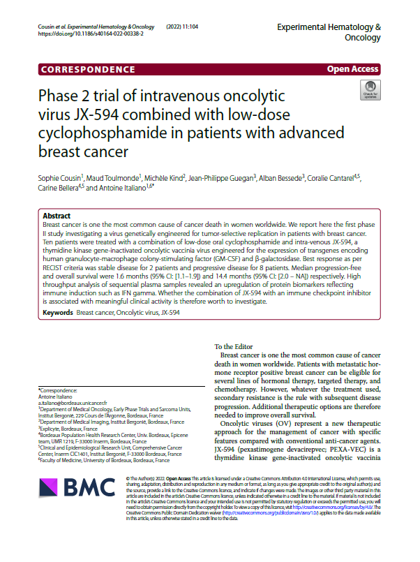 Phase 2 trial of intravenous oncolytic virus JX-594 (...) in patients with advanced breast cancer