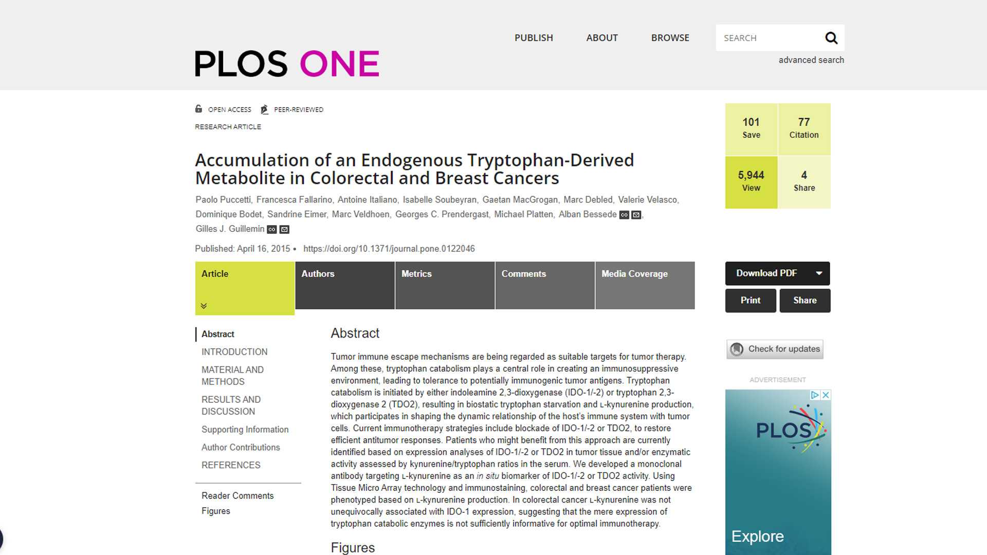Accumulation of an Endogenous Tryptophan-Derived Metabolite in Colorectal and Breast Cancers