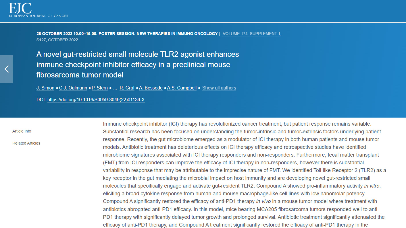 A novel gut-restricted small molecule TLR2 agonist enhances immune checkpoint inhibitor efficacy