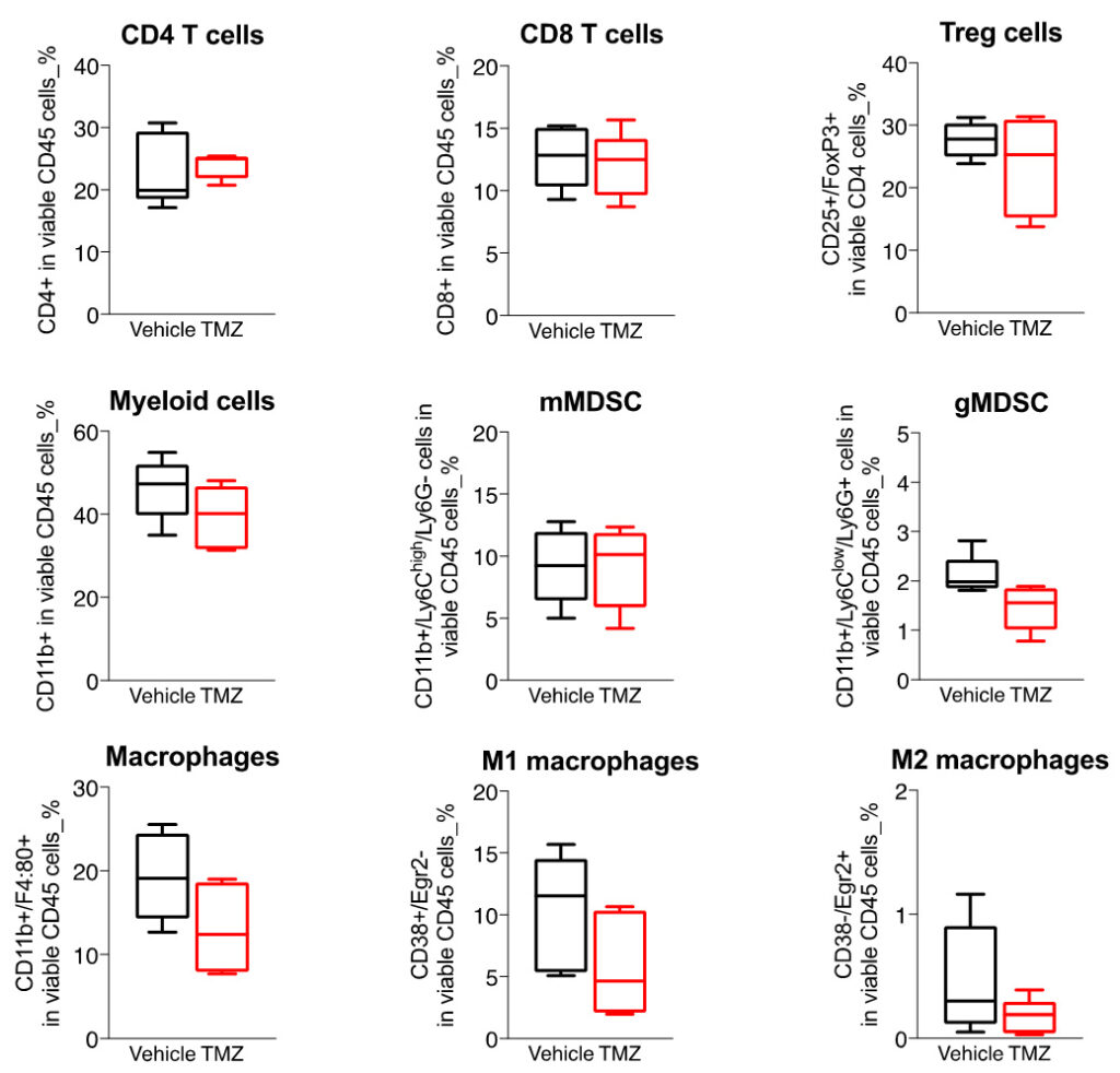 Boxplots of the immune cell populations infiltrating the GL261 tumors in control and TMZ-treated orthotopically-implanted mice.