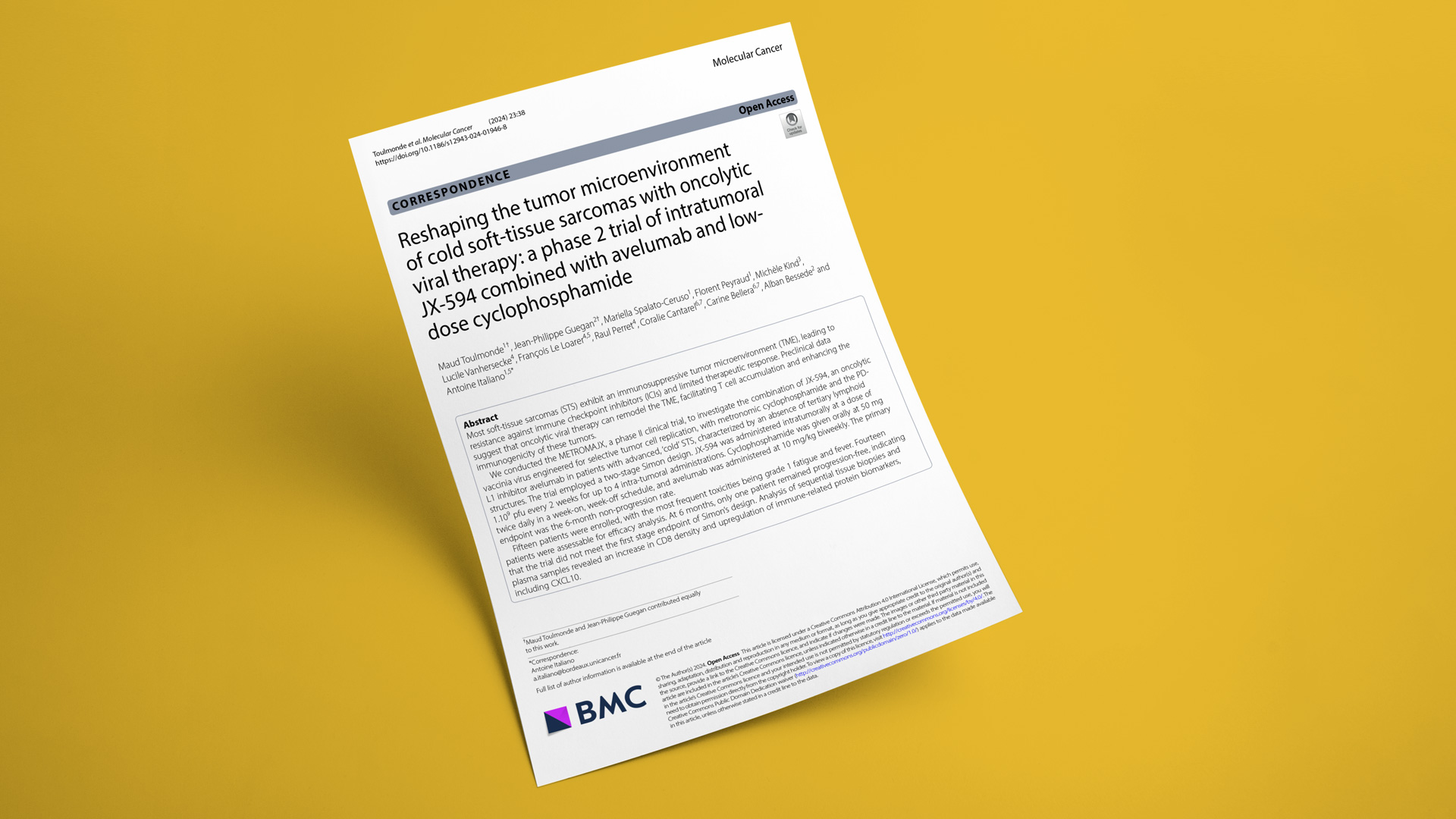 Reshaping the tumor microenvironment of cold soft-tissue sarcomas with oncolytic viral therapy: a phase 2 trial of intratumoral JX-594 combined with avelumab and low-dose cyclophosphamide