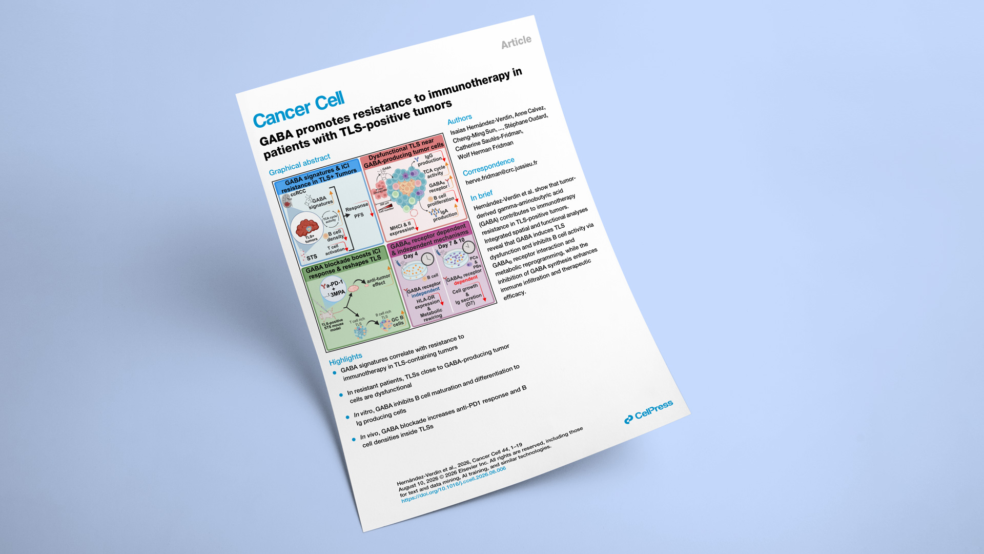In Cancer Cell : How tumor-derived GABA disables tertiary lymphoid structures and drives immunotherapy resistance in cancer GABA promotes resistance to immunotherapy in patients with TLS-positive tumors
