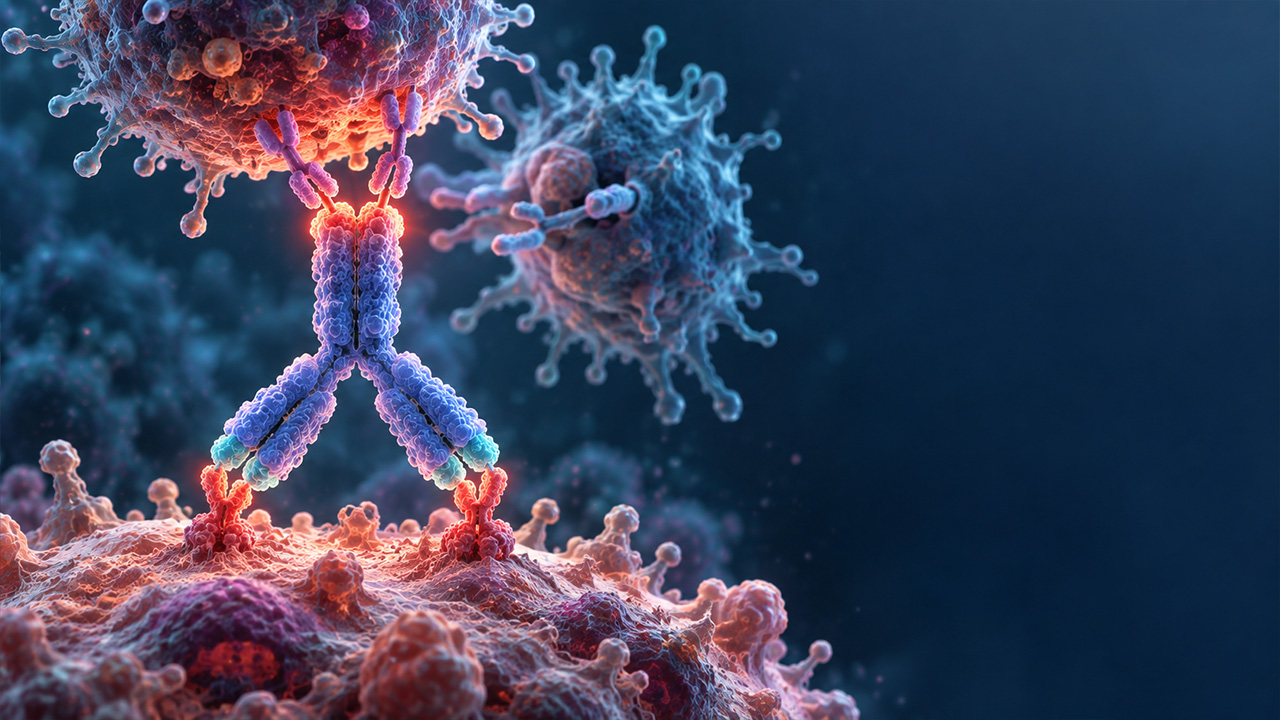 3D scientific render of an antibody engaging a tumor cell surface while immune effector cells recognize the Fc region — Fc-dependent immune activity in ADC preclinical testing