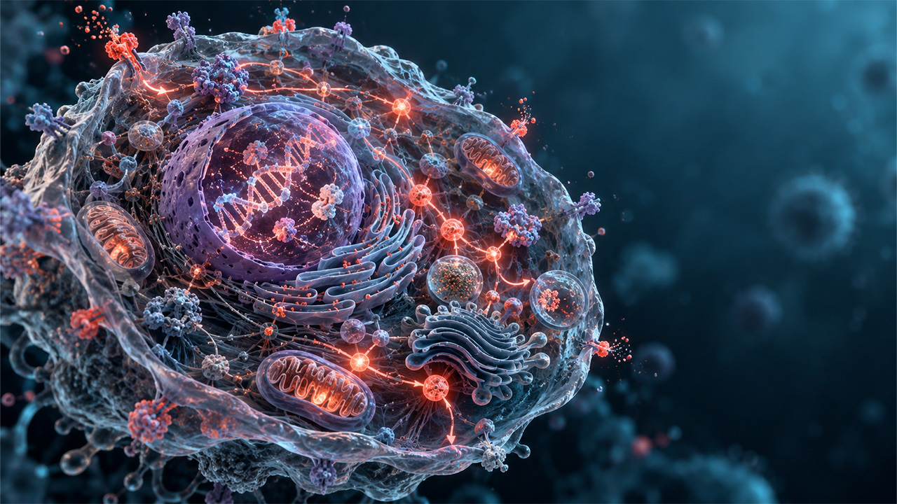 3D scientific render of a tumor cell with glowing molecular pathways and DNA — mechanism of ADC response and resistance profiling