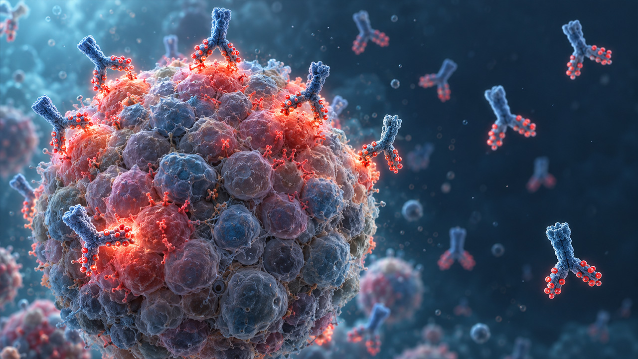 3D scientific render of antibody-drug conjugates surrounding a patient-derived tumor spheroid with heterogeneous target expression — ADC testing in patient-derived 3D tumor models